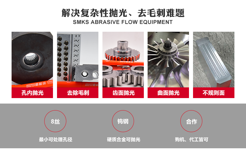 工藝原理 SMKS ABRASIVE FLOW EQUIPMENT 斯曼克高速磨粒流,使用特殊流體磨料,通過高壓高速擠壓研磨,磨料不沾不黏,去毛刺完成后,簡單清洗即可。 斯曼克高速磨粒流與高壓水去毛刺不同,斯曼克高速磨粒流可用于薄壁工件的孔內(nèi)毛刺清理,且對精度的保持極高